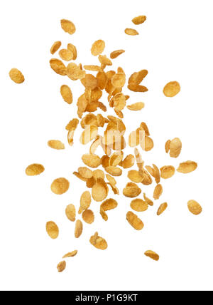 Corn flakes Fliegen auf weißem Hintergrund Stockfoto