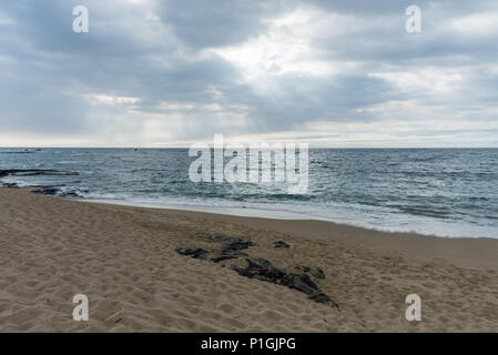 Dramatische Himmel über dem Pazifischen Ozean auf der grossen Insel von Hawaii mit verstreuten vulkanischen Felsen erinnern an Dinosaurier Fossilien Stockfoto