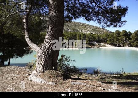 Spanien - Valencia autonome Region - La Costera (Kreis) - Valencia. Zweigleisiger Ausbau/Moixent; Pantano/Embalse de El Bosquet. Stockfoto