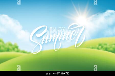 Sommer Schriftzug auf der Landschaft Hintergrund. Vector Illustration Stock Vektor