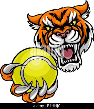 Tiger Holding Tennis Ball Maskottchen Stock Vektor