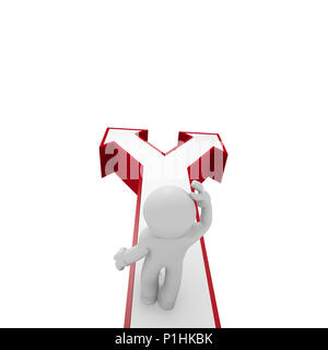 Kleine 3d-Mann mit zwei verschiedene Möglichkeiten, konzeptionelle 3D-Rendering auf Weiß Stockfoto