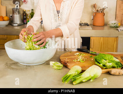 Vorbereitung fermentiertes Gemüse. Kohl Kimchi und Sauerkraut Sauerkraut. Stockfoto