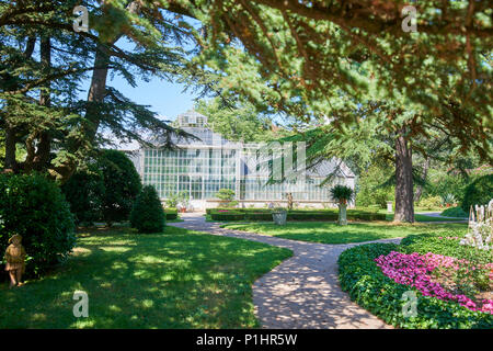 Botanischer Garten von Sežana, Slowenien aus dem 19. Jahrhundert, einem 150 Jahre alten Zeder, Blumenbeete, blühende Laubengänge und die palmarium - Garten der Freude Stockfoto