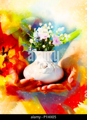 Frau mit Blumenstrauß Blume in der Vase und Blume Hintergrund Stockfoto