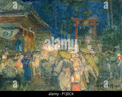 "Tempel am Biwa-see, Nacht' von Charles W. Bartlett, 1915, Aquarell. Stockfoto