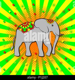 Onam. Konzept hinduistische Fest. Kerala in Indien. 4. September. Elefant, schöne Blume Decke. Stil Pop Art, Strahlen aus der Mitte Stock Vektor