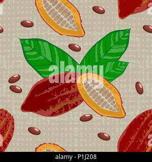 Kakao Früchte und Blätter. Ganze Früchte, Ausschneiden, Kakaobohnen. Vector Illustration. Schokolade. Grunge Textur. Background Die nahtlose Muster Stock Vektor