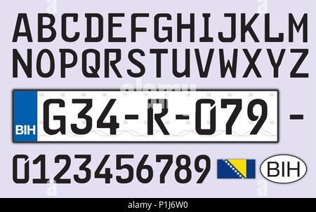 Bosnien und Herzegowina auto Platte, Buchstaben, Zahlen und Symbole Stock Vektor