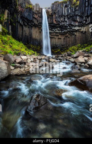 Svartifoss Wasserfall im Herbst mit Wasserlauf in langen Belichtung, Skaftafell National Park, Island Stockfoto