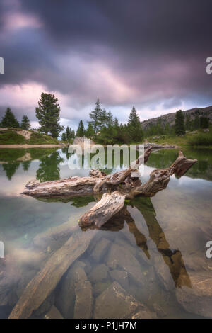 Reflexionen über den Lago di Limides in den Dolomiten in der Nähe von Cortina d'Ampezzo, Bezirk von Belluno, Italien, Europa Stockfoto