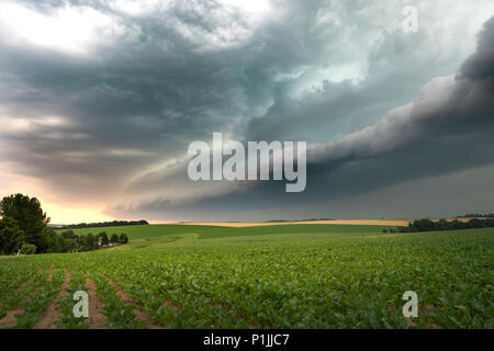 Leistungsstarke Shelf cloud mit einem entgegenkommenden mesoskaligen konvektiven System (MCS) in der Nähe von Döbeln, Sachsen, Deutschland Stockfoto