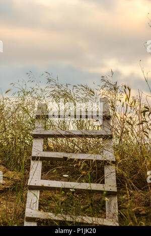 Holzleiter von unten in den Himmel unter Gras zeigen Stockfoto