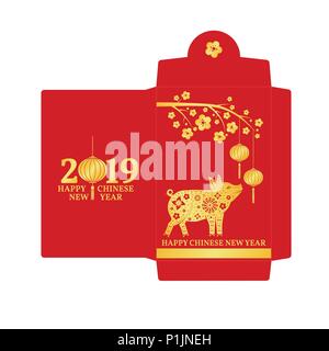 Das chinesische Neujahr roten Umschlag Flachbild-Symbol. Vector Illustration. Rote Paket mit gold Schwein und Laternen. Chinesisches Neujahr 2019 Jahr des Schweins. Stock Vektor