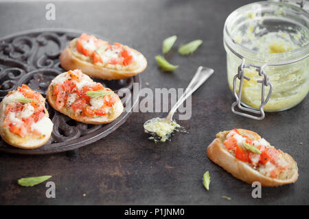 Italienische Bruschetta mit Fichte sprießen, Pesto, Tomaten und Mozzarella Stockfoto