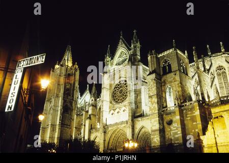 Beleuchteten Dom, seitliche Fassade bei Nacht (gotische Architektur) (Sant James Pilgerweg nach Santiago). Stockfoto