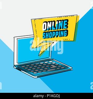Online Shopping mit Laptop Pop Art Stil Vector Illustration Design Stock Vektor
