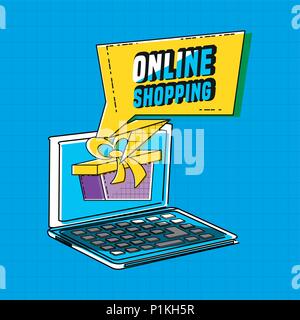 Online Shopping mit Laptop Pop Art Stil Vector Illustration Design Stock Vektor