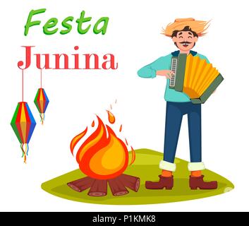 Festa Junina Grußkarte, Poster, Banner oder Einladung. Brasilien Juni Festival, man zahlt am Akkordeon in der Nähe von Feuer. Vector Illustration Stock Vektor