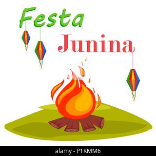 Festa Junina Grußkarte, Poster, Banner oder Einladung mit Lagerfeuer. Brasilien Juni Festival. Vector Illustration Stock Vektor