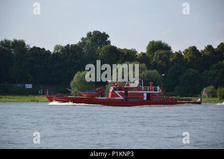 Blick vom Rheinpark auf vorbeifahrende Frachter Stockfoto