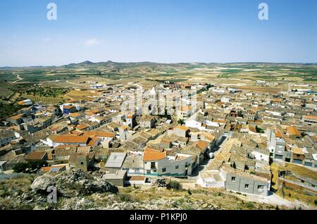 Montealegre del Castillo, allgemeine Ansicht der Stadt und der Landschaft. Stockfoto