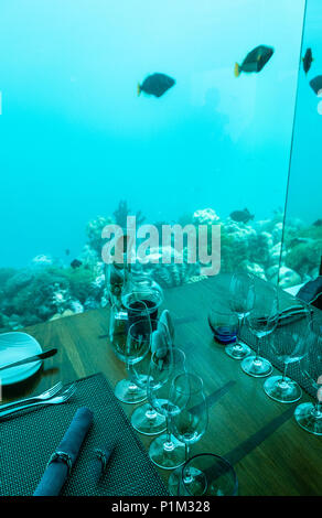 Restaurant unter Wasser. Malediven. Unterwasserwelt. Abendessen Stockfoto