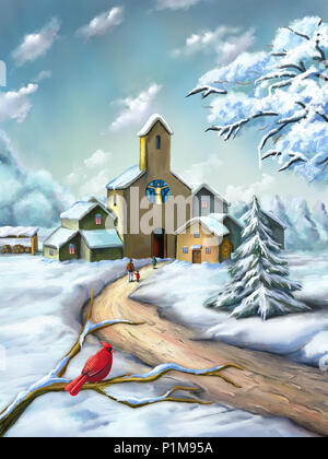 Kleines Dorf in eine verschneite Weihnachten Landschaft. Digitale Illustration. Stockfoto