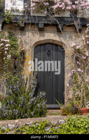 Landhaus Fachwerkhaus und mit schönen Gärten von wilden Blumen in und um das malerische Dorf Amberley, West Sussex, UK strohgedeckten Stockfoto