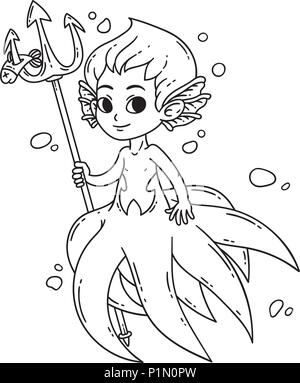 Männliche Meerjungfrau. Triton. Octopus Mann. Vector Illustration auf weißem Hintergrund. Färbung Seite für Kinder. Stock Vektor