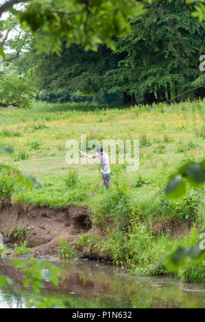 Glasgow, Schottland, Großbritannien. 12 Juni, 2018. UK Wetter: Ein junger Mann, Jamie McKeown, Fliege Fischen vom Ufer der Weißen Warenkorb Wasser an einem sonnigen Nachmittag in Pollok Country Park. Credit: Skully/Alamy leben Nachrichten Stockfoto