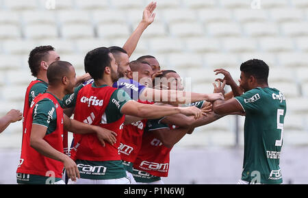 Fortaleza, Brasilien. 10 Juni, 2018. Thiago Santos von SE Palmeiras feiert sein Tor gegen das Team von Ceará SC während ein Gleiches gilt für die elfte Runde der brasilianischen Meisterschaft, Serie A, an der Castelão Stadion. Credit: Cesar Greco/FotoArena/Alamy leben Nachrichten Stockfoto