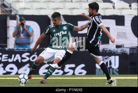 Fortaleza, Brasilien. 10 Juni, 2018. Thiago Martins, von SE Palmeiras, spielt mit Ricardinho, von Ceará SC, während eines Spiels, gültig für die elfte Runde der brasilianischen Meisterschaft, Serie A, am Castelão Stadion. Credit: Cesar Greco/FotoArena/Alamy leben Nachrichten Stockfoto