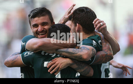 Fortaleza, Brasilien. 10 Juni, 2018. SE Palmeiras&#39 udu playelayer feiert seinen gogainst das Team von Ceará SC SC während eines Spiels, gültig für die elfte Runde der brasilianischen Meisterschaft, Serie A, am Castelão Stadion. Credit: Cesar Greco/FotoArena/Alamy leben Nachrichten Stockfoto