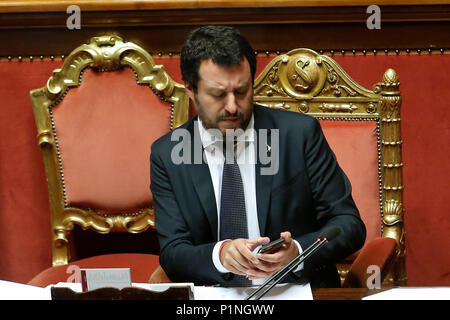 Rom, Italien. 13. Juni 2018. Matteo Salvini Roma 13/06/2018. Senato. Informativa del Ministro dell'Interno sulla vicenda dei migranti della nave Wassermann. Rom, den 13. Juni. Senat. Rede des italienischen Ministers für Innere Angelegenheiten über das Schiff Wassermann, die Migranten, die von der italienischen Regierung abgelehnt und jetzt zu Spanien. Foto Samantha Zucchi Insidefoto Credit: insidefoto Srl/Alamy leben Nachrichten Stockfoto