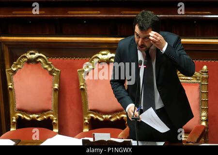 Rom, Italien. 13. Juni 2018. Matteo Salvini Roma 13/06/2018. Senato. Informativa del Ministro dell'Interno sulla vicenda dei migranti della nave Wassermann. Rom, den 13. Juni. Senat. Rede des italienischen Ministers für Innere Angelegenheiten über das Schiff Wassermann, die Migranten, die von der italienischen Regierung abgelehnt und jetzt zu Spanien. Foto Samantha Zucchi Insidefoto Credit: insidefoto Srl/Alamy leben Nachrichten Stockfoto