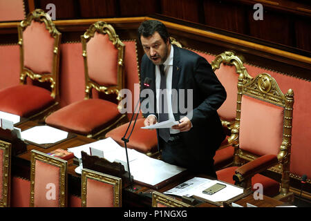 Rom, Italien. 13. Juni 2018. Matteo Salvini Roma 13/06/2018. Senato. Informativa del Ministro dell'Interno sulla vicenda dei migranti della nave Wassermann. Rom, den 13. Juni. Senat. Rede des italienischen Ministers für Innere Angelegenheiten über das Schiff Wassermann, die Migranten, die von der italienischen Regierung abgelehnt und jetzt zu Spanien. Foto Samantha Zucchi Insidefoto Credit: insidefoto Srl/Alamy leben Nachrichten Stockfoto