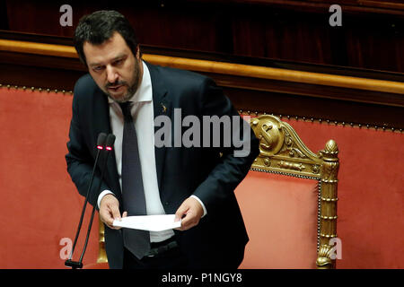 Rom, Italien. 13. Juni 2018. Matteo Salvini Roma 13/06/2018. Senato. Informativa del Ministro dell'Interno sulla vicenda dei migranti della nave Wassermann. Rom, den 13. Juni. Senat. Rede des italienischen Ministers für Innere Angelegenheiten über das Schiff Wassermann, die Migranten, die von der italienischen Regierung abgelehnt und jetzt zu Spanien. Foto Samantha Zucchi Insidefoto Credit: insidefoto Srl/Alamy leben Nachrichten Stockfoto