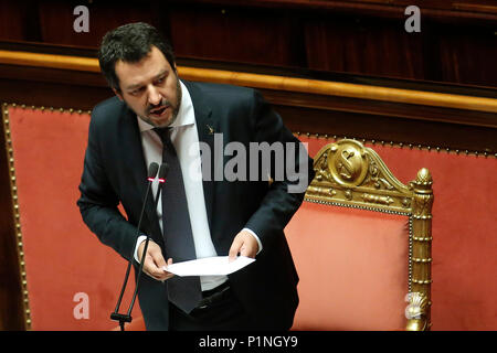 Rom, Italien. 13. Juni 2018. Matteo Salvini Roma 13/06/2018. Senato. Informativa del Ministro dell'Interno sulla vicenda dei migranti della nave Wassermann. Rom, den 13. Juni. Senat. Rede des italienischen Ministers für Innere Angelegenheiten über das Schiff Wassermann, die Migranten, die von der italienischen Regierung abgelehnt und jetzt zu Spanien. Foto Samantha Zucchi Insidefoto Credit: insidefoto Srl/Alamy leben Nachrichten Stockfoto