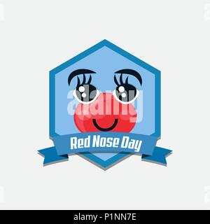 Red Nose Day Emblem mit Cartoon rote Nase mit großen Augenbrauen über weißer Hintergrund, farbenfrohen Design. Vector Illustration Stock Vektor