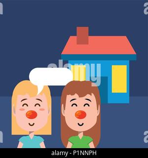 Haus und Cartoon Mädchen mit roten Nasen über blauen Hintergrund, farbenfrohen Design. Vector Illustration Stock Vektor