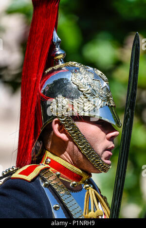 Die Farbe 2018. Blues und Royals montiert Soldat, Detail der polierten Helm und rote Fahne Stockfoto