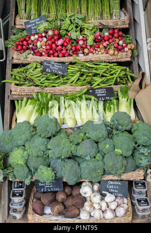 Bio-Gemüse zum Verkauf an Daylesford Organic farm Shop Sommerfest. Daylesford, Cotswolds, Gloucestershire, England Stockfoto