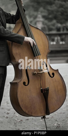 Bass Player klimpert ein Solo Stück im Park. Stockfoto