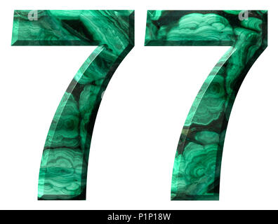 Arabische Zahlen 77, 77, aus natürlichen grünen Malachit, auf weißem Hintergrund Stockfoto