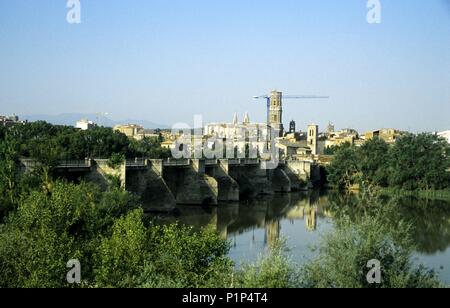 Spanien - Las Bardenas y Tudela (Kreis) - NAVARRA. Tudela; Vista parcial de la Ciudad, Catedral y Puente junto al Río Ebro. Stockfoto