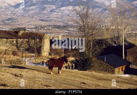 Pueblo de Guils Fontanera, Puigcerdà, Caballos y Sierra del Cadi al fondo (La Cerdanya). Stockfoto