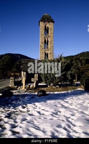 Iglesia románica de Sant Miquel de Engolasters con su Campanario (Parroquia de Escaldes - Engordany). Stockfoto