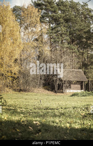 Altes holz Vintage ländlichen verlassenes Haus, Land Hof am Rande des Waldes von den malerischen Wald im Herbst. Einsame Lebensstil, Jahreszeiten Stockfoto
