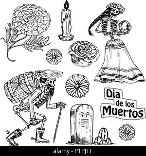Tag der Toten. Mexikanische Nationalfeiertag mit dem ursprünglichen Inschrift in Spanisch Dia de los Muertos. Skelette mit Blumen in Kostümen mit barrel Tequila, Spielen, Tanzen zur Musik Stock Vektor